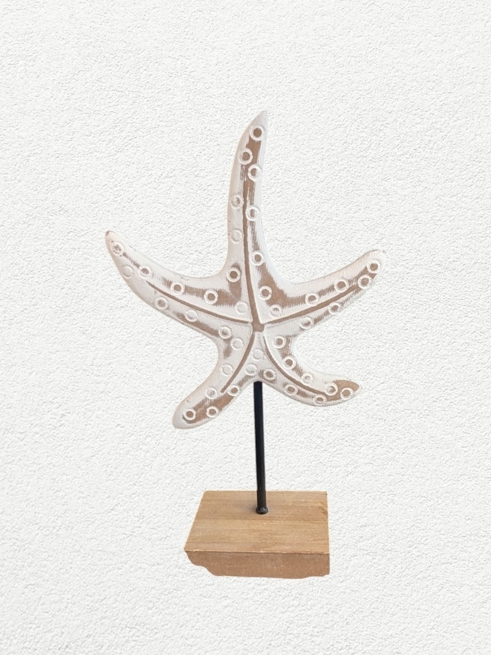 Wooden Whitewashed Starfish Table Decor on Wood Stand